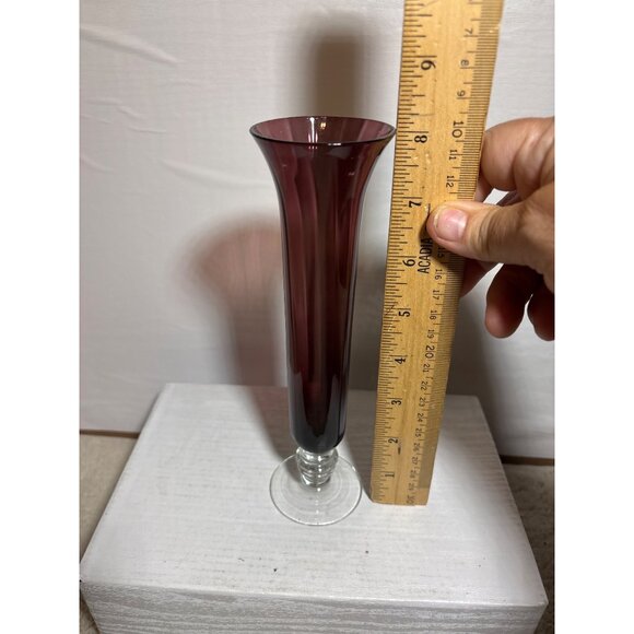 Glass Bud Vase Amethyst Purple With Clear Pedestal Base Elegant Flared Design 10 - Picture 5 of 7